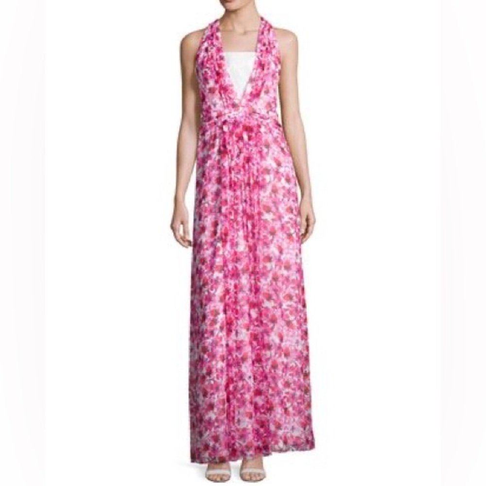 Kay Unger Pink Silk Metallic Floral Lace Panel Garden Party Summer Maxi Dress
